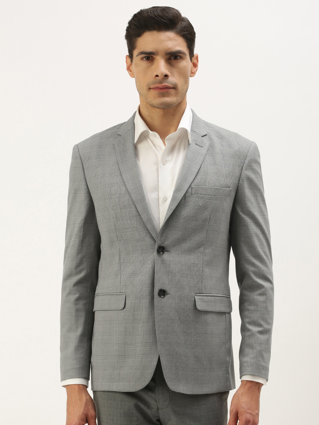 

Peter England Men Grey Checked Neo Slim Fit Single-Breasted Formal Blazer