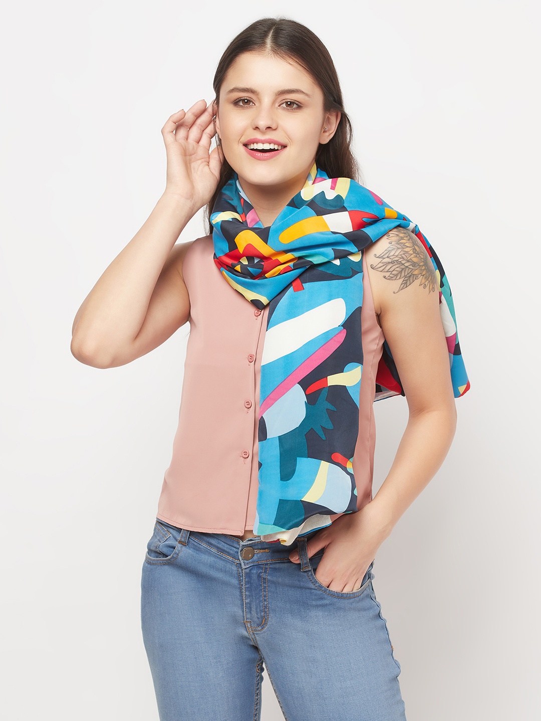 

Owncraft Women Blue & Multicoloured Colourblocked Reversible Stole