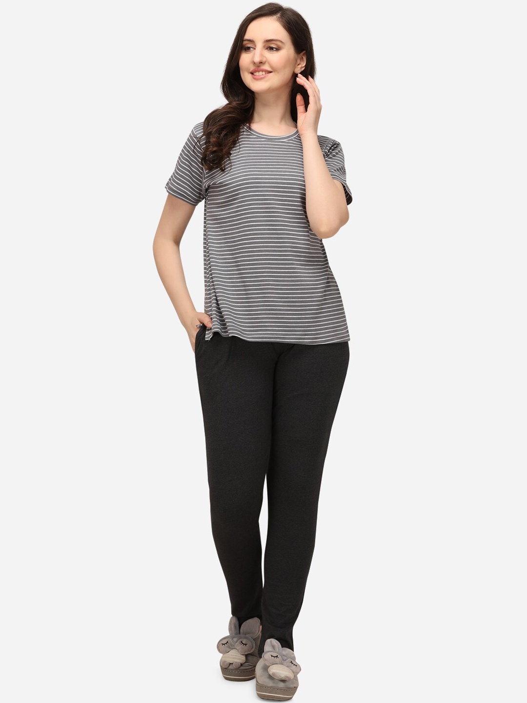 

Lenissa Women Grey & Black Striped Night suit