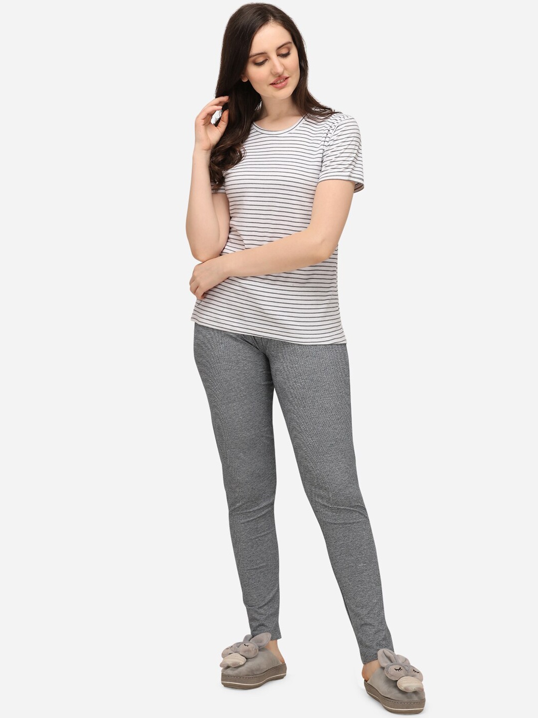 

Lenissa Women Off White & Grey Striped Night Suit