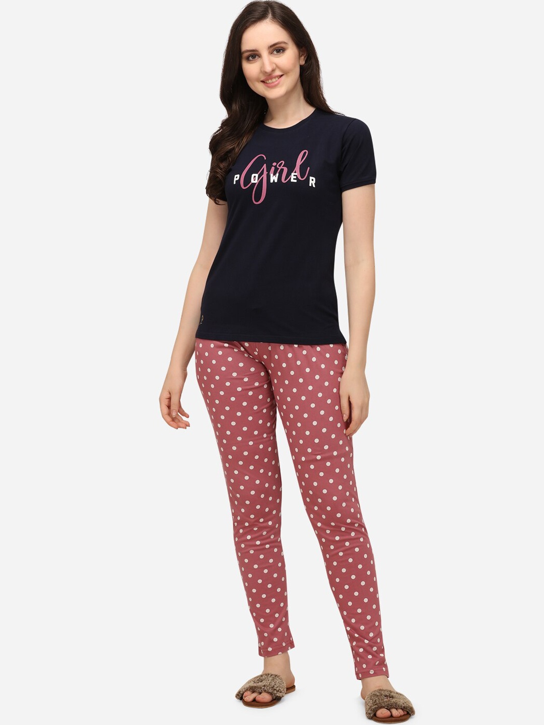 

Lenissa Women Navy Blue & Pink T-Shirt & Pyjama Printed Night suit