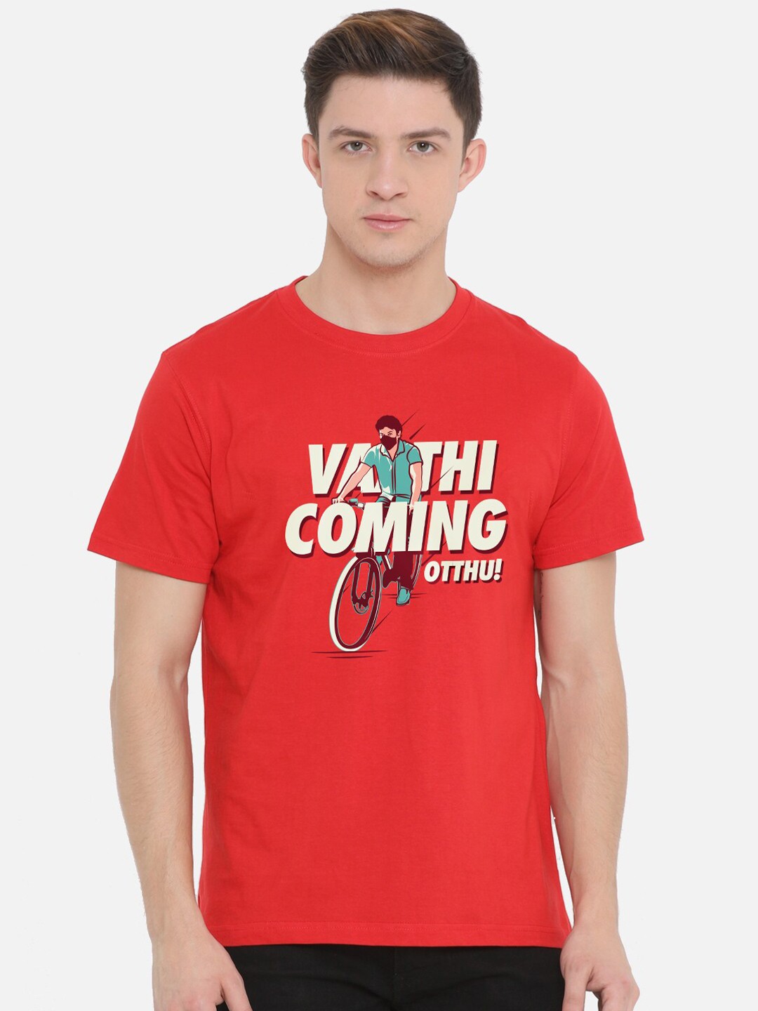 

Fully Filmy Men Red Vaathi Coming Otthu Printed Cotton T-shirt