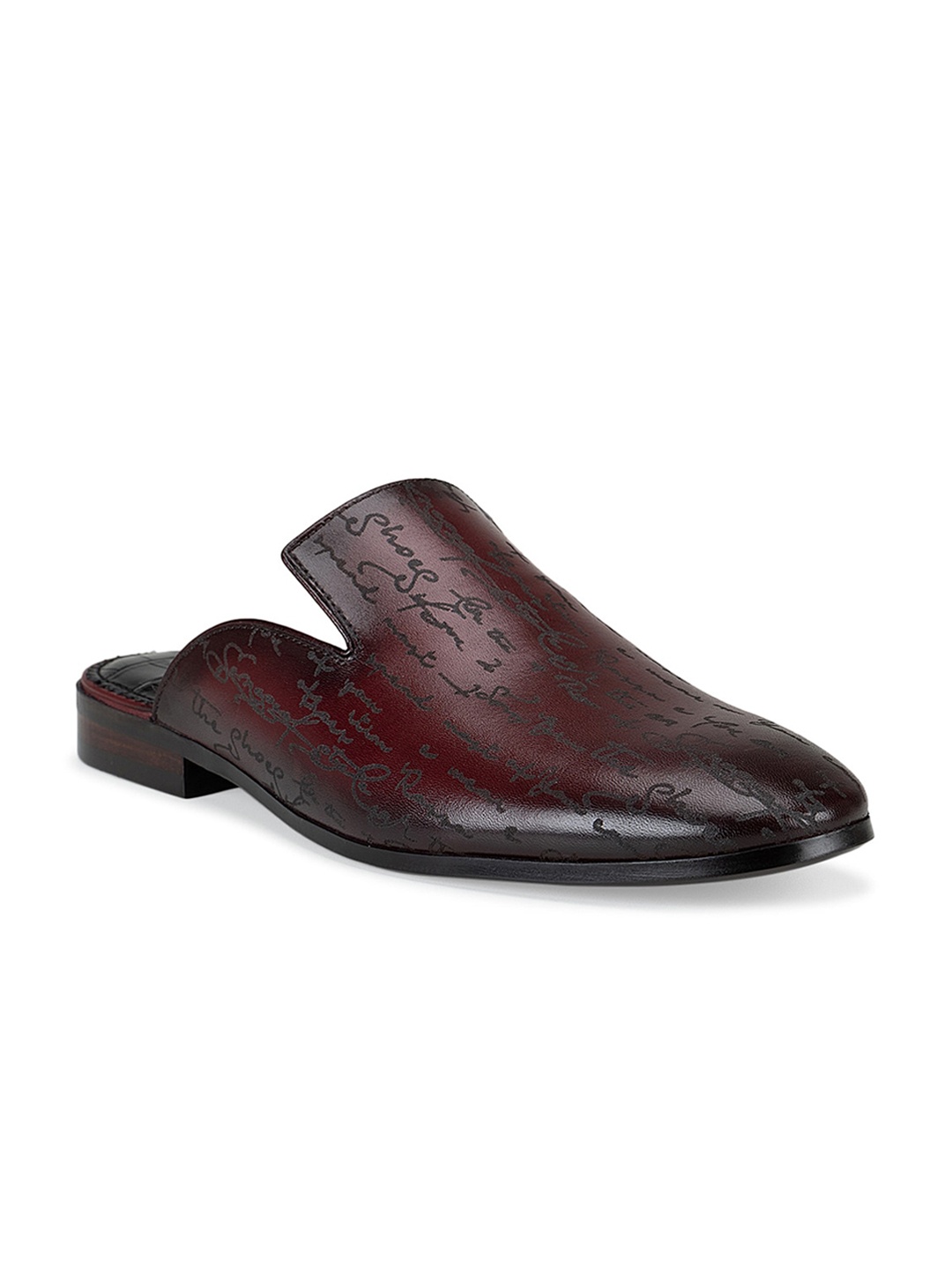 

ROSSO BRUNELLO Men Burgundy & Grey Typography Printed Leather Mules