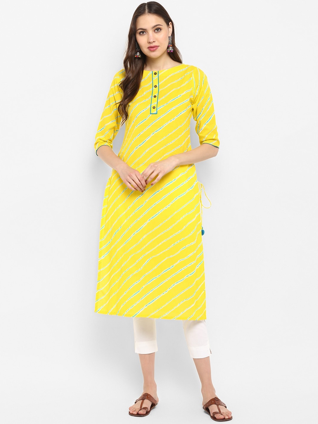 

Janasya Women Yellow Striped Regular Pure Cotton Kurta with Trousers