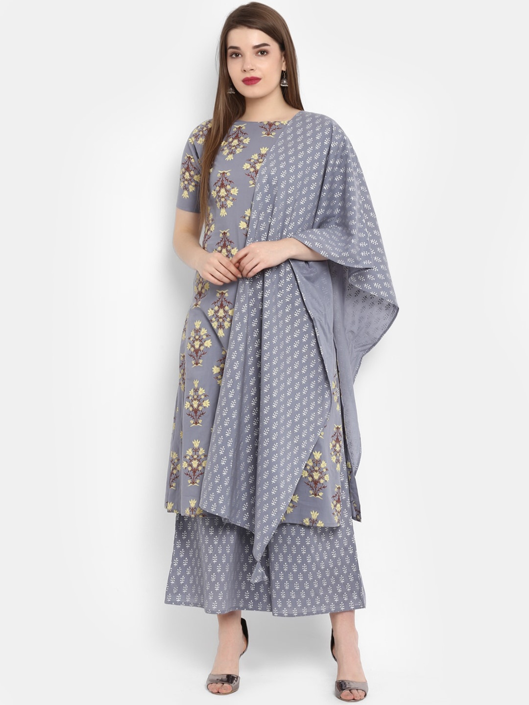 

Janasya Women Grey Floral Printed Regular Pure Cotton Kurta with Palazzos & With Dupatta