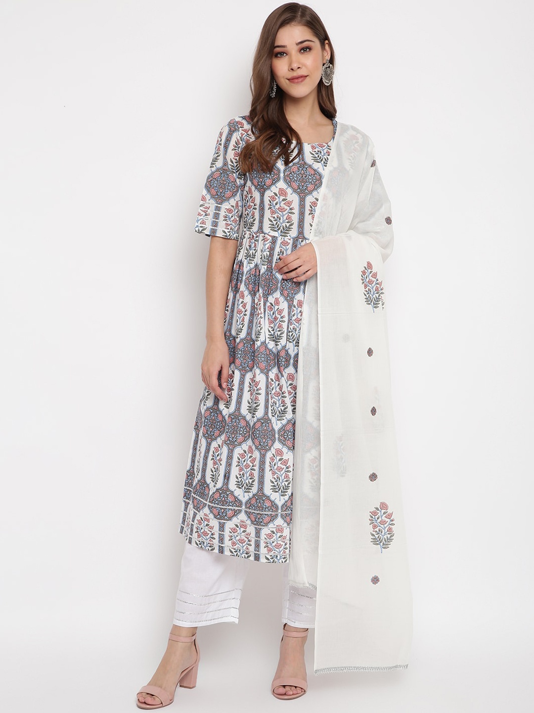 

Janasya Women White & Grey Printed Regular Pure Cotton Kurta with Trousers & With Dupatta