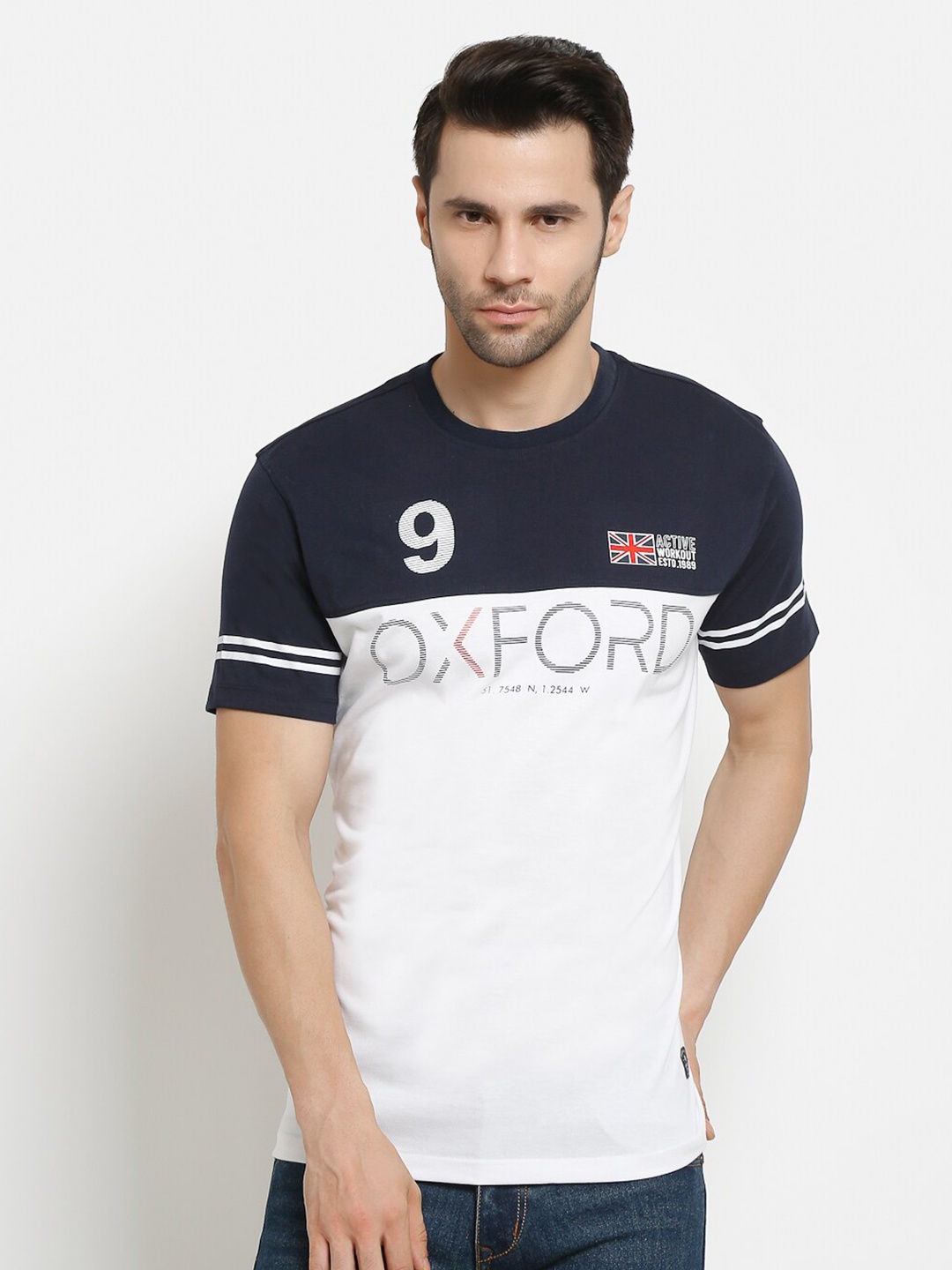 

Cantabil Men Navy Blue & White Colourblocked Slim Fit T-shirt