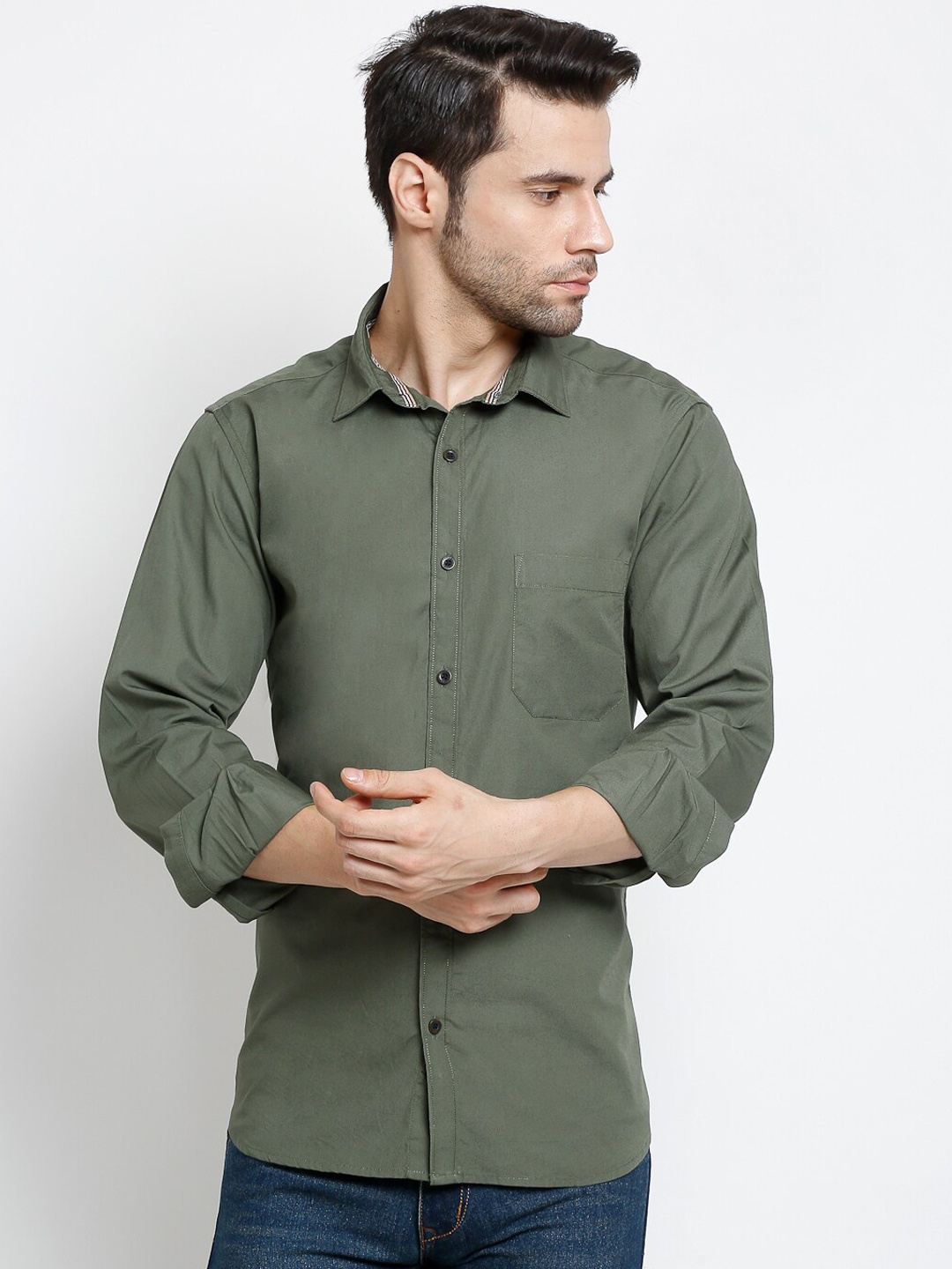 

Cantabil Men Olive Green Opaque Casual Shirt