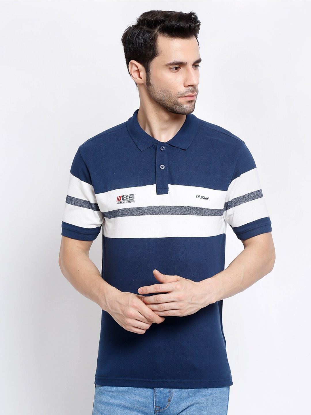 

Cantabil Men Blue & White Striped Polo Collar Slim Fit T-shirt