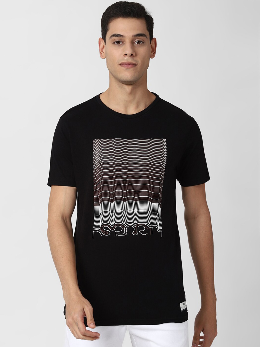 

Peter England Casuals Men Black Graphic Printed Cotton Slim Fit Pure Cotton T-shirt