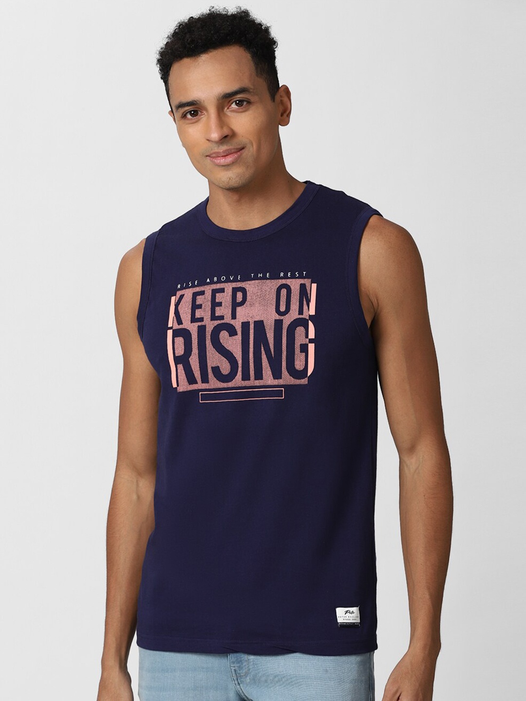 

Peter England Casuals Men Navy Blue Printed Slim Fit Pure Cotton T-shirt