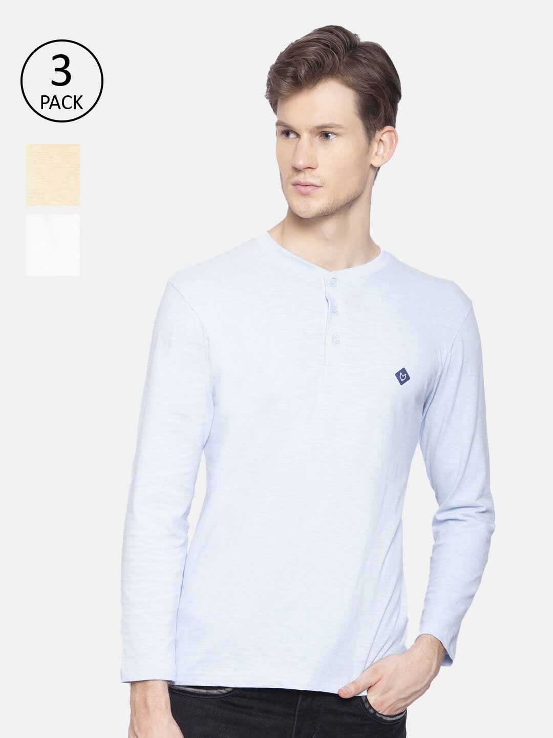 

Almo Wear Men Pack of 3 White Pure Cotton Slub Henley Neck T-shirts