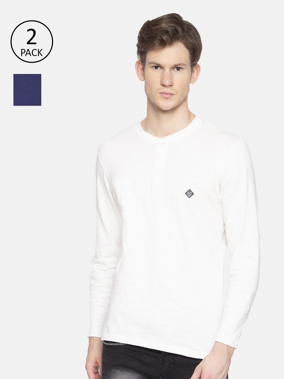 

Almo Wear Men Pack Of 2 Pure Cotton Slub Henley Neck T-shirt, White