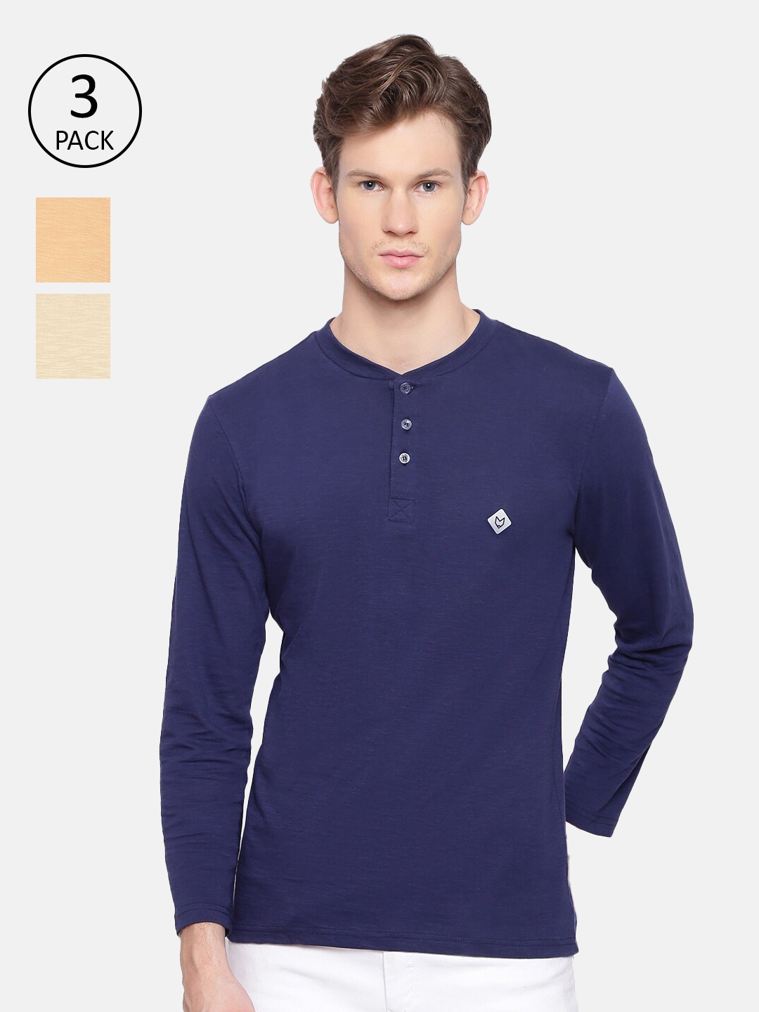 

Almo Wear Men Pack of 3 Pure Cotton Slub Henley Neck T-shirt, Navy blue
