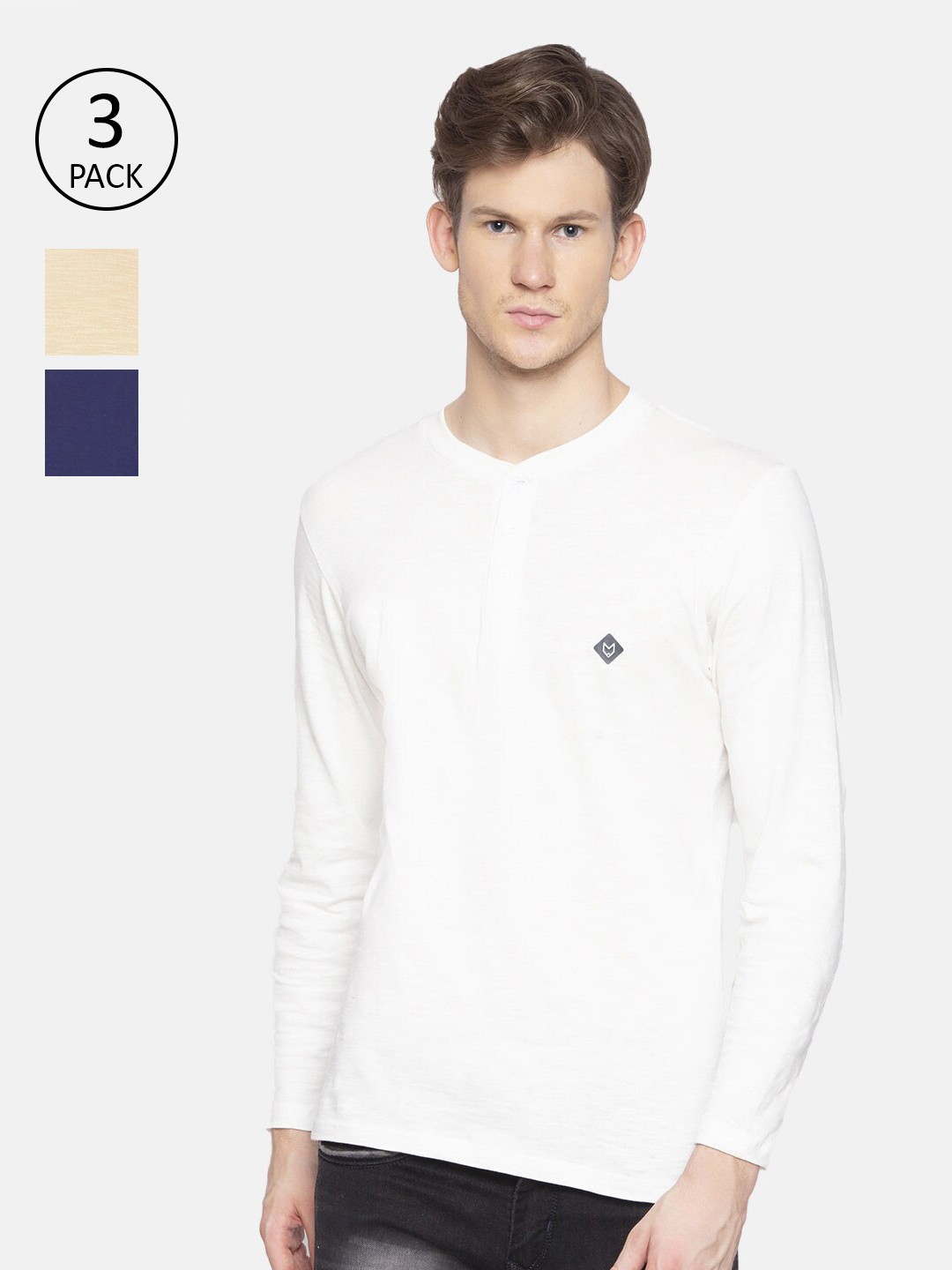 

Almo Wear Pack of 3 Pure Cotton Slub Henley Neck T-shirt, White