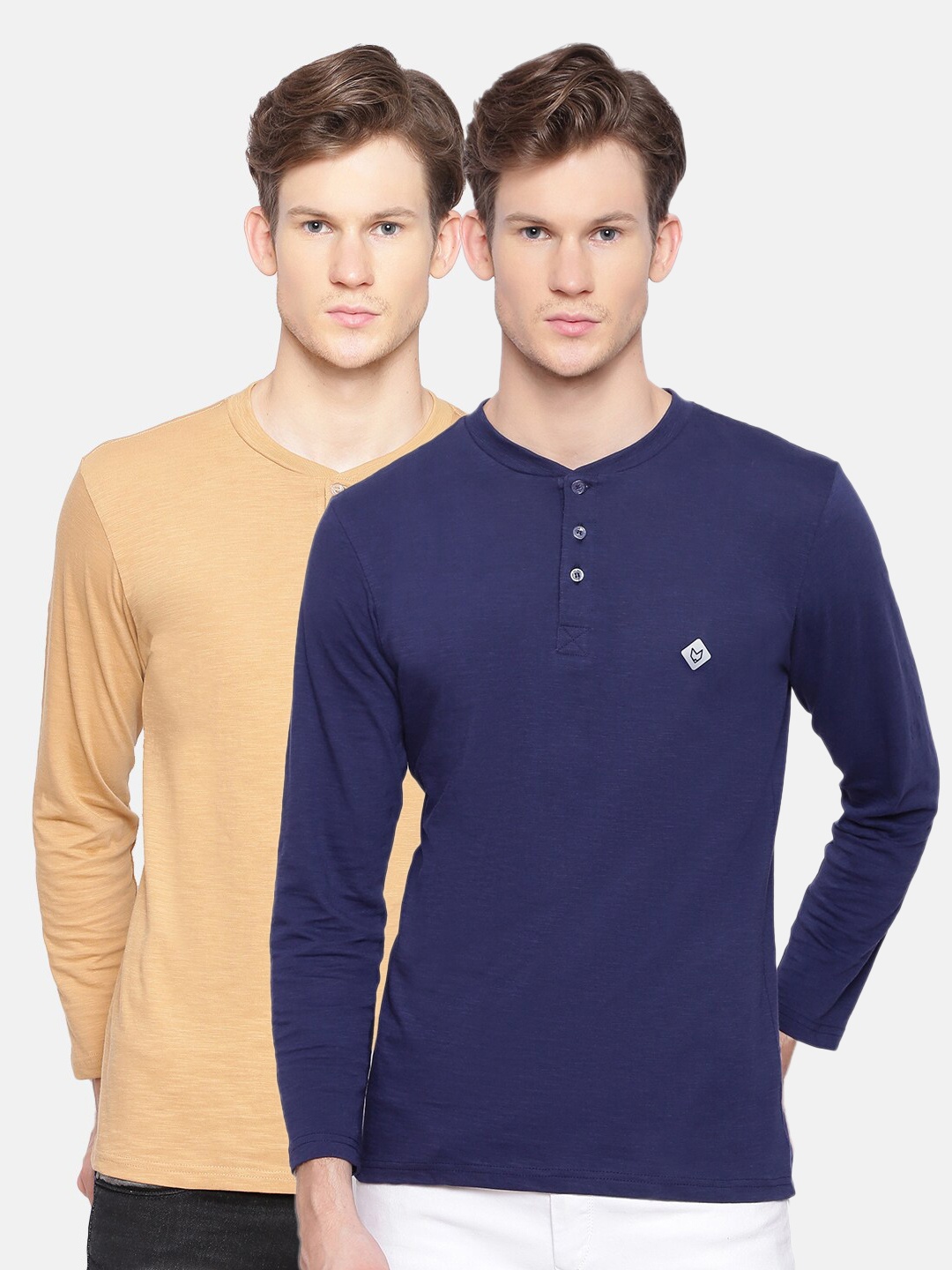 

Almo Wear Men Pack of 2 Navy Blue & Beige Pure Cotton Slub Henley Neck T-shirt