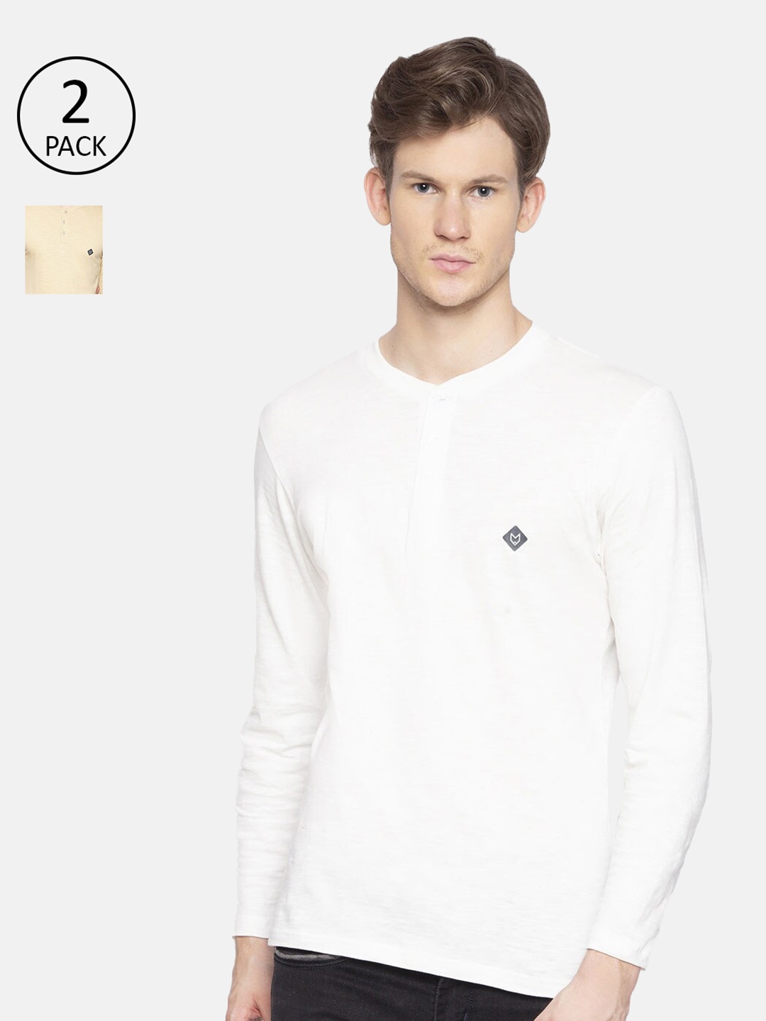 

Almo Wear Men Pack of 2 Pure Cotton Slub Henley Neck T-shirt, White