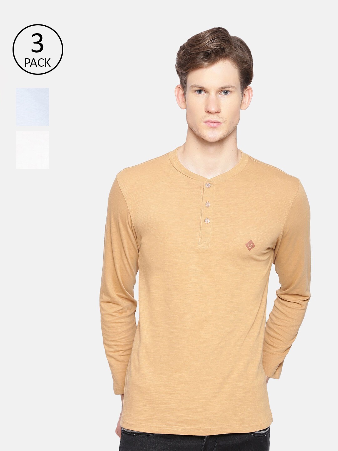 

Almo Wear Men Men Pack Of 2 Pure Cotton Slub Henley Neck T-shirt, Off white