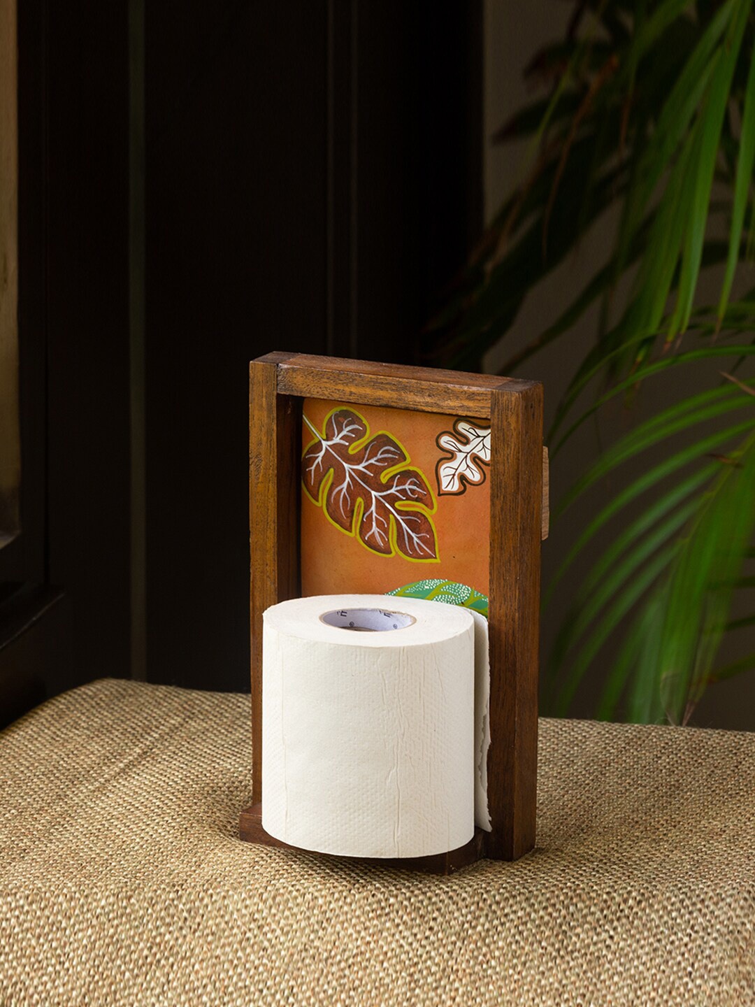 

ExclusiveLane Brown Green Hand-Painted Wooden Toilet Paper Roll Holder