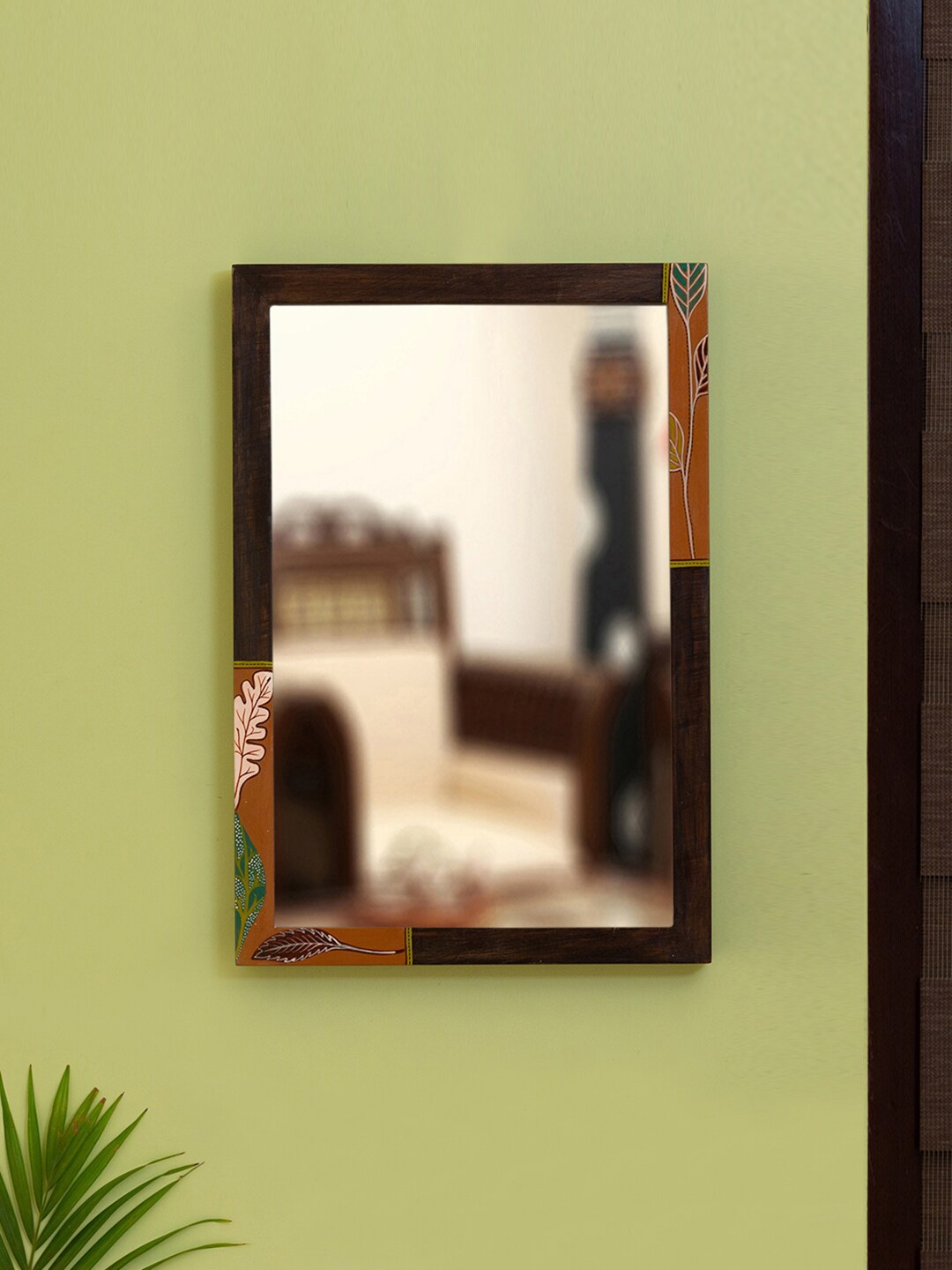 

ExclusiveLane Brown & Green Hand-Painted Teak Wood Frame Wall Mirror