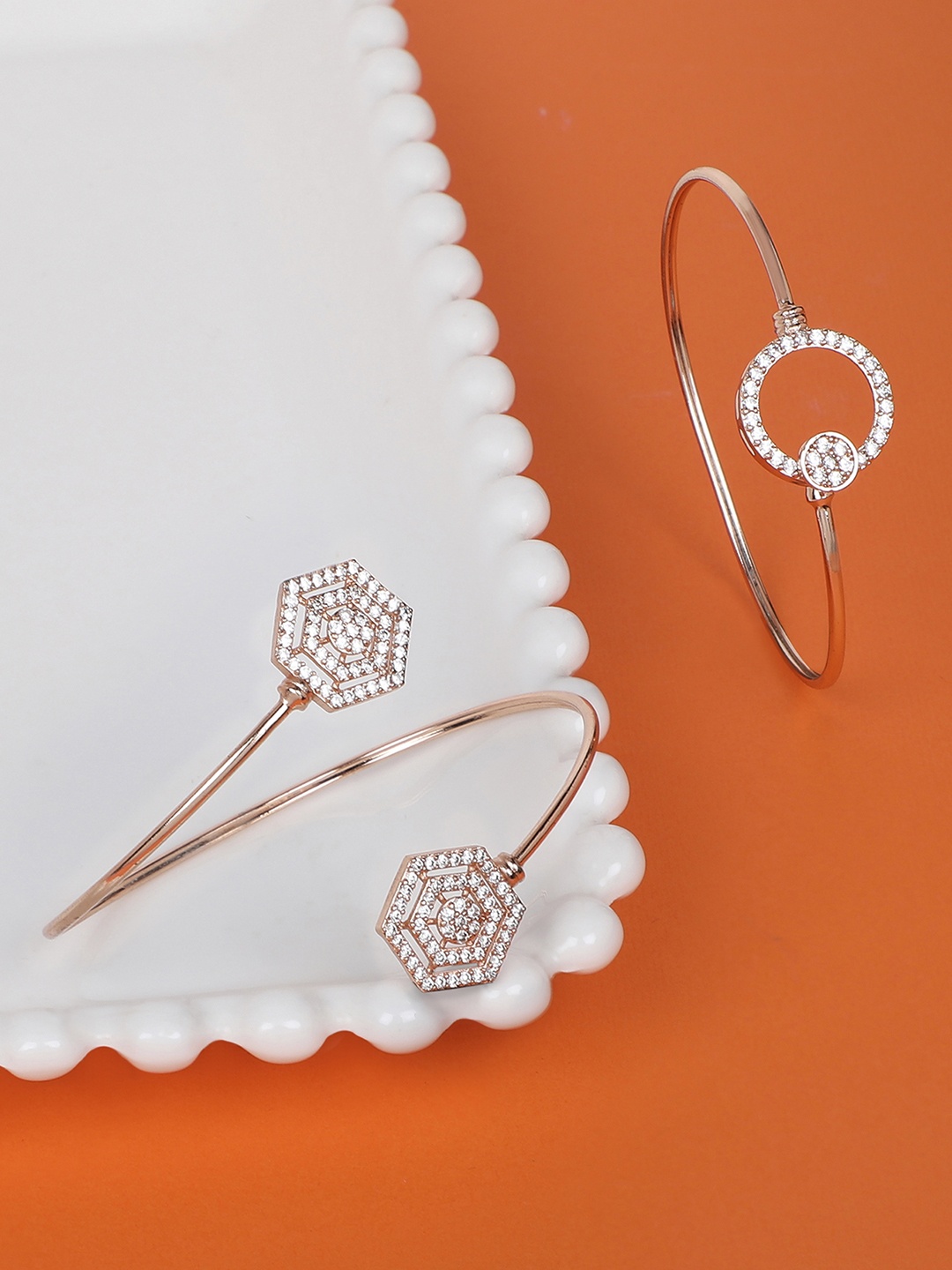 

Zaveri Pearls Women Set of 2 Rose Gold & White Brass Cubic Zirconia Kada Bracelet