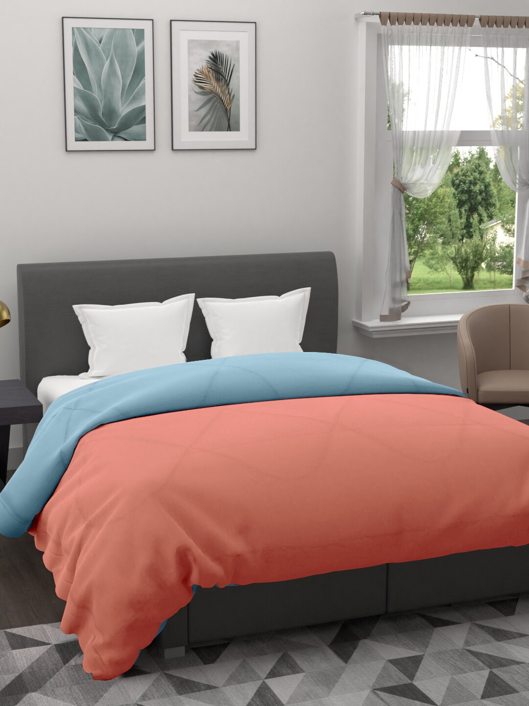 

Clasiko Unisex Peach-Coloured & Turquoise Blue AC Room 120 GSM Double Bed Quilt