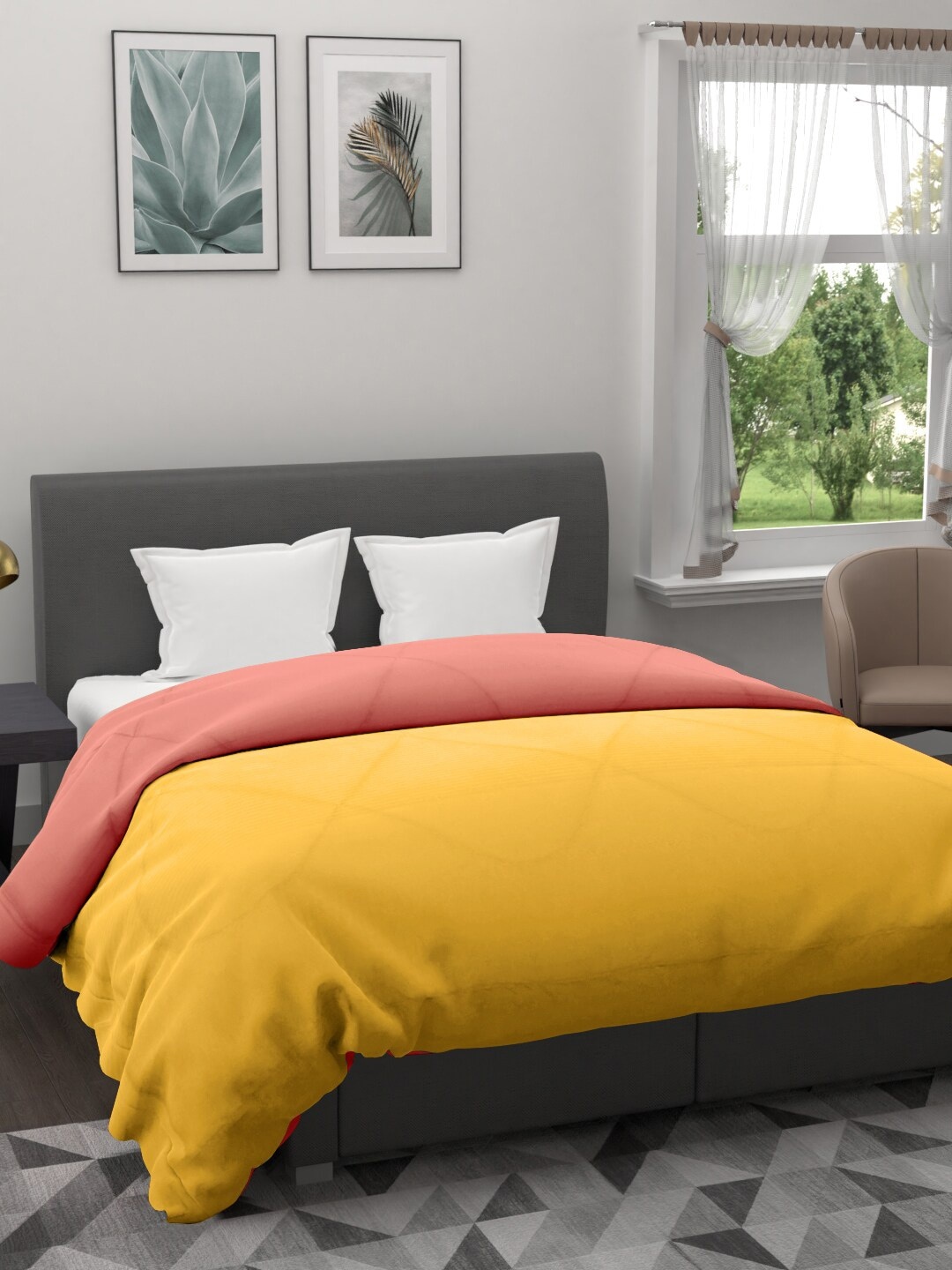 

Clasiko Yellow & Peach AC Room 120 GSM Reversible Double Bed Quilt