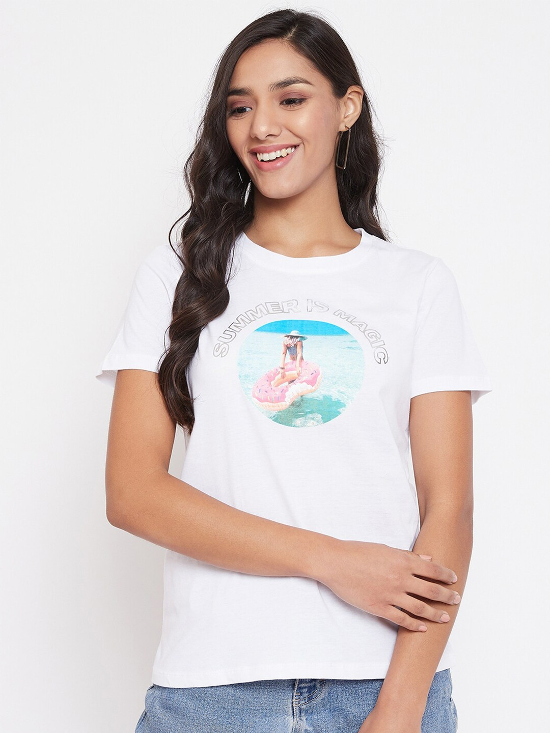 

Madame Off White & Blue Printed Regular Top