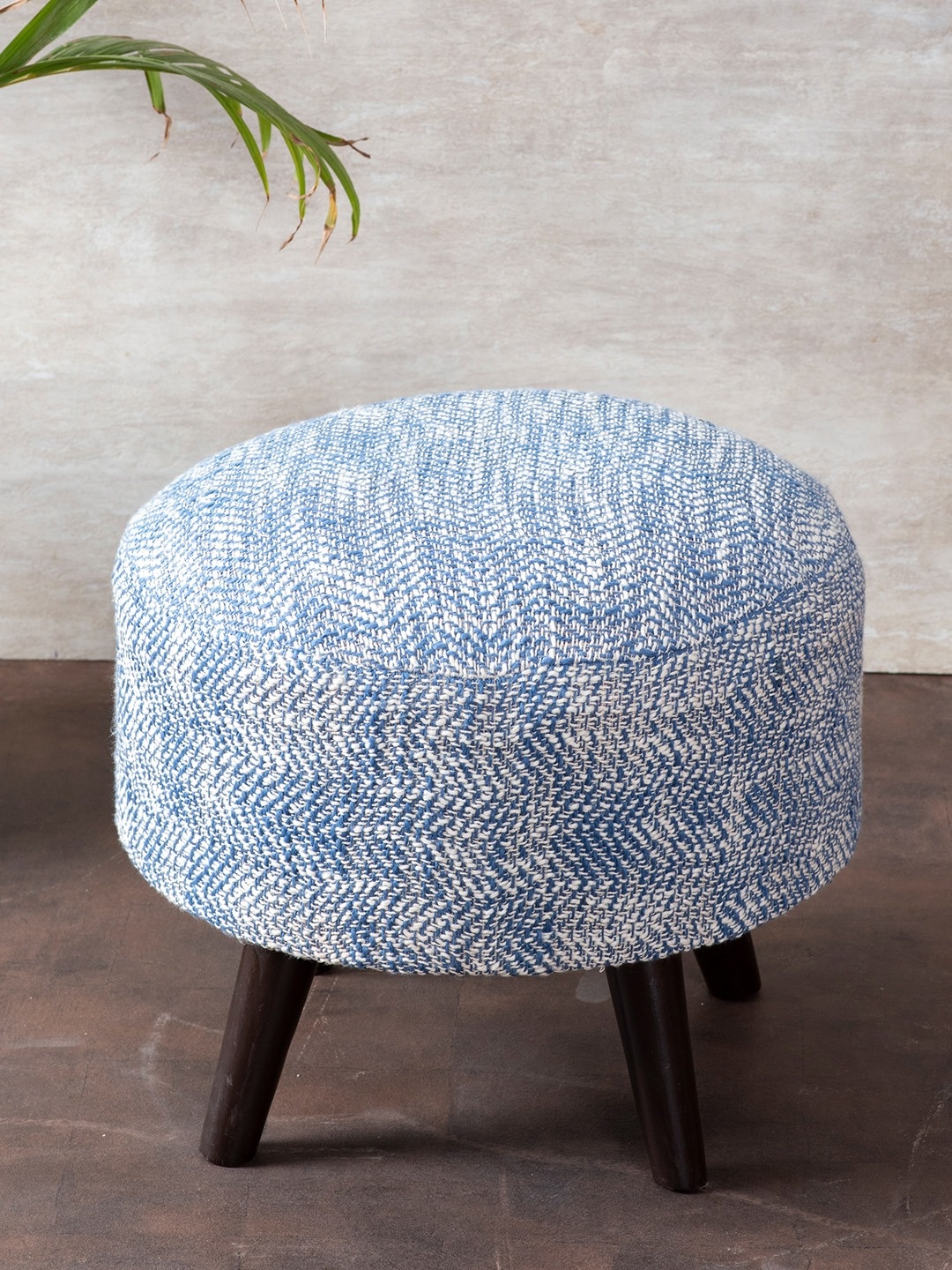 

nestroots Blue & White Round Shape Wooden Sitting Ottoman