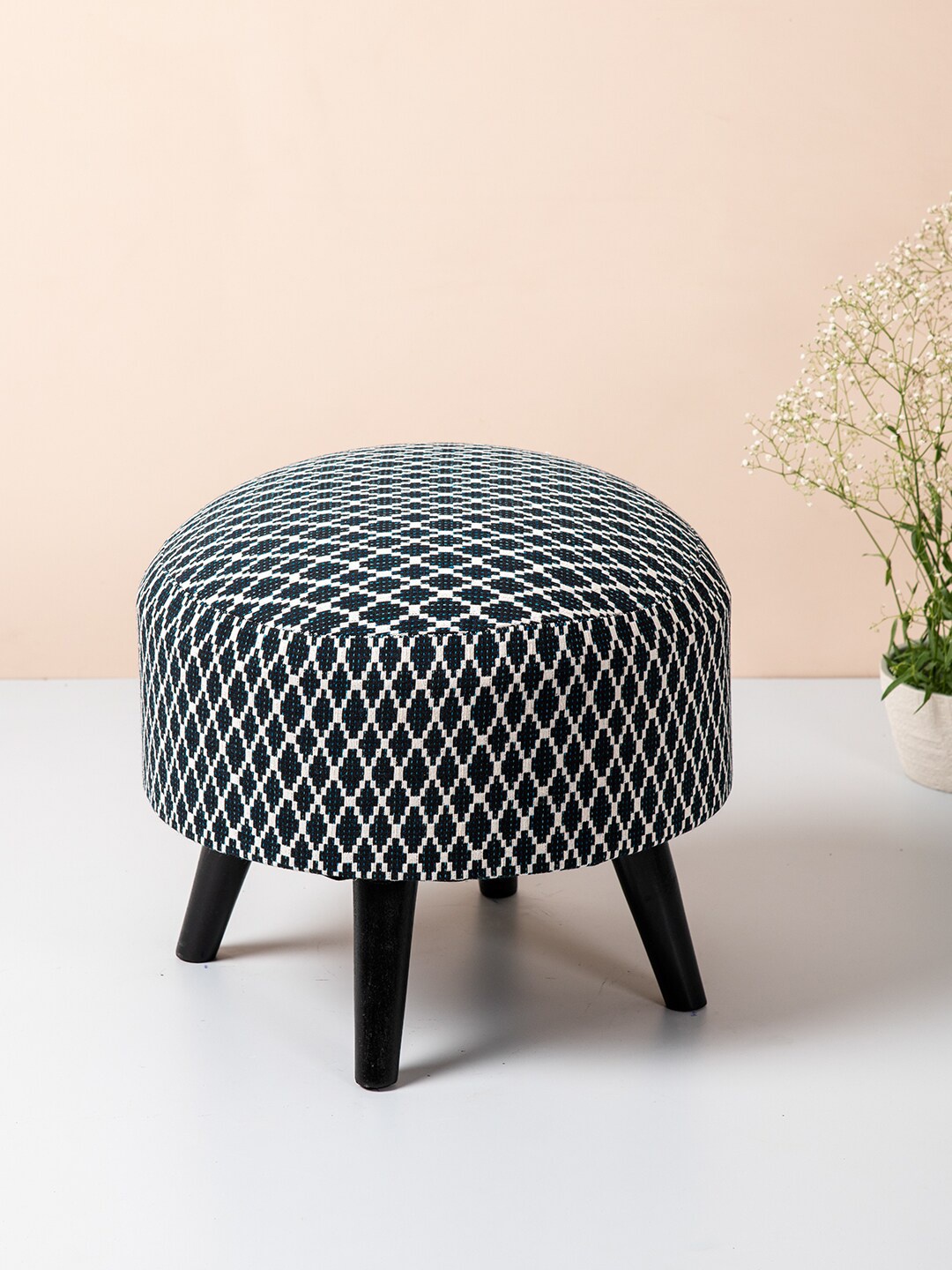 

nestroots Black & White Striped Wooden Ottomans Stool For Living Room