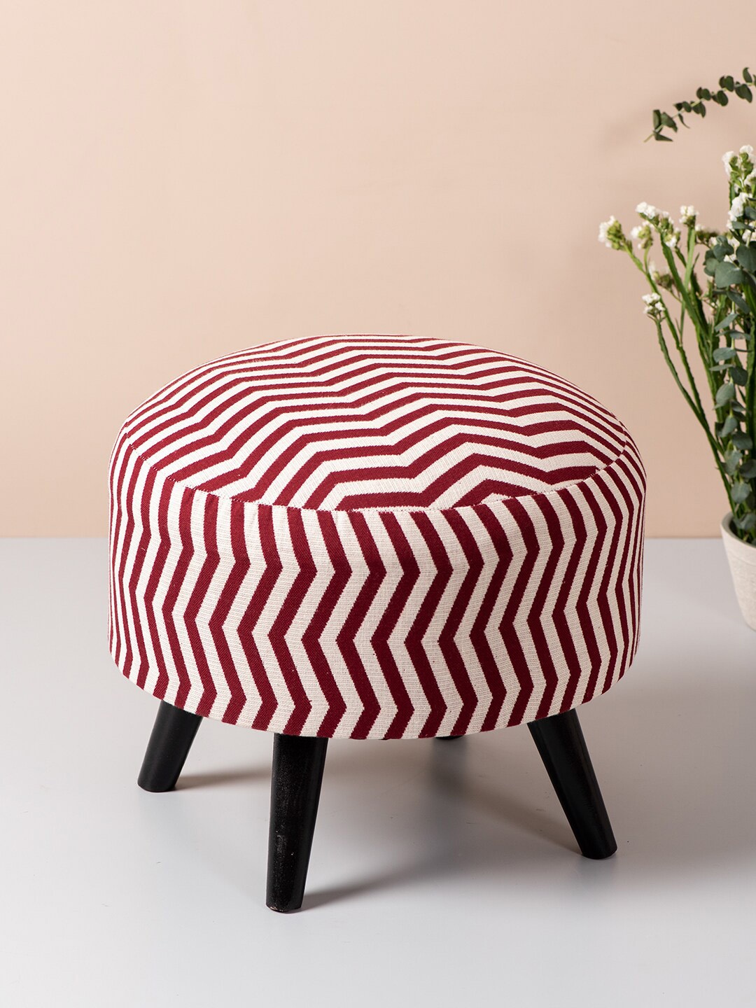 

nestroots Maroom & White Printed Wooden Ottoman Stool, Maroon