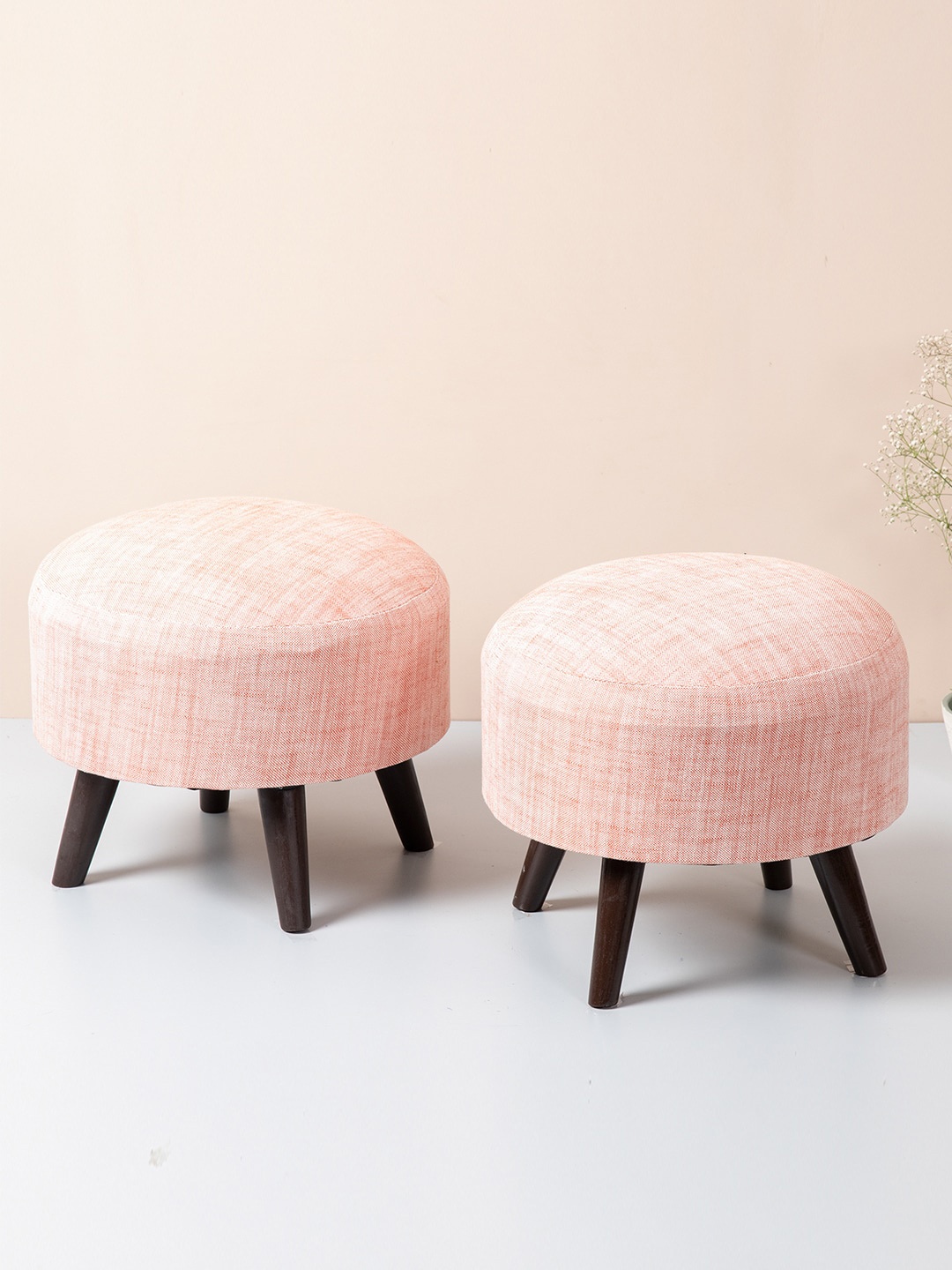 

nestroots Pink Set of 2 Round Shape Wooden Sitting Storage Ottoman Organisers
