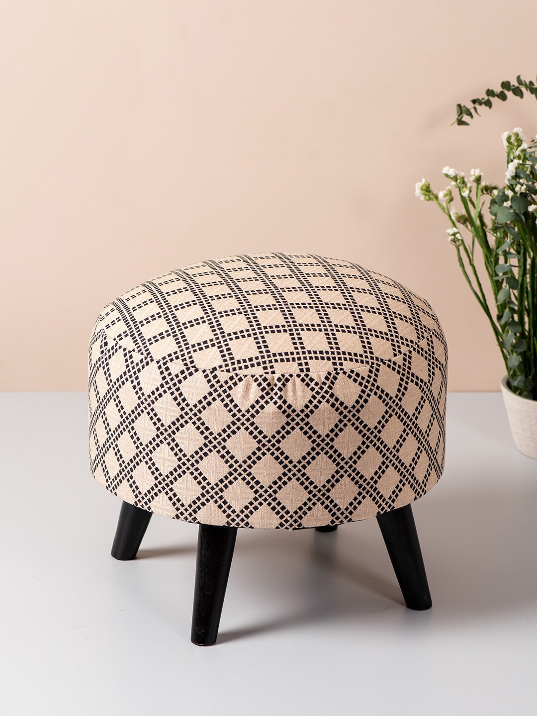 

nestroots Beige & Black Round Shape Wooden Sitting Storage Ottoman Organiser