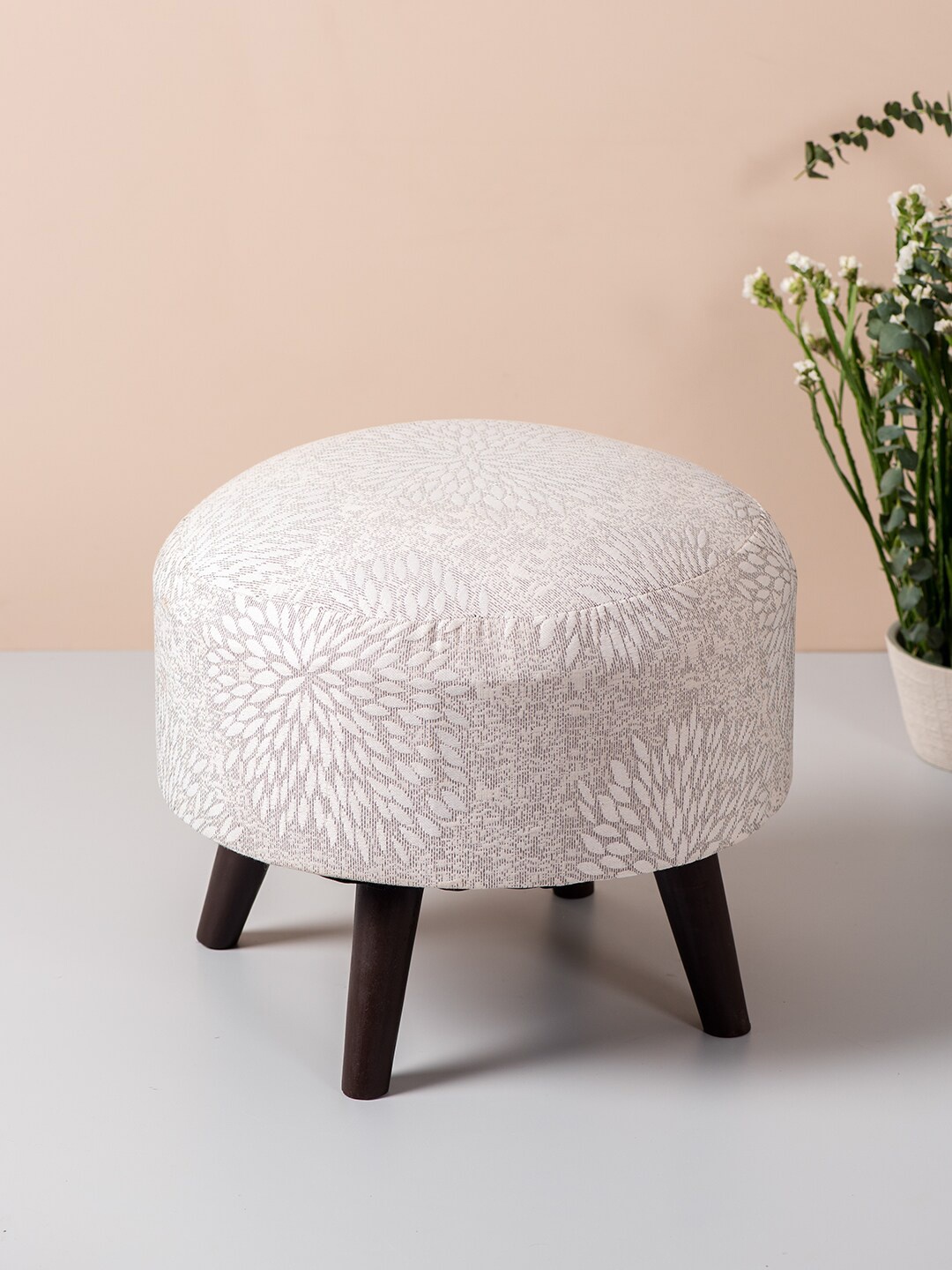 

nestroots Off-White Round Shape Wooden Sitting Storage Ottoman Organiser