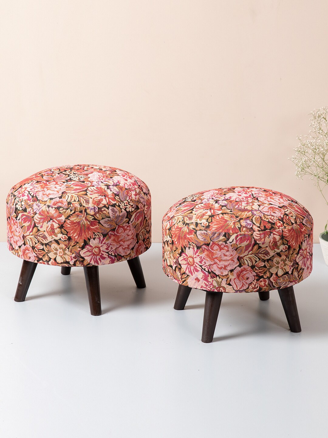 

nestroots Pink Set of 2 Round Shape Wooden Sitting Storage Ottoman Organisers