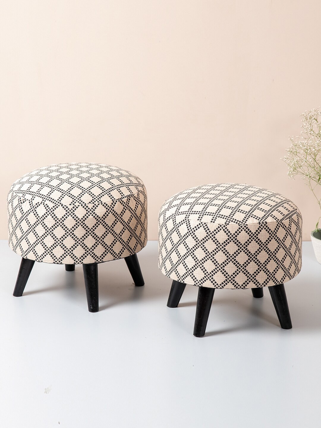 

nestroots Beige & Black Set of 2 Round Shape Wooden Sitting Storage Ottoman Organisers