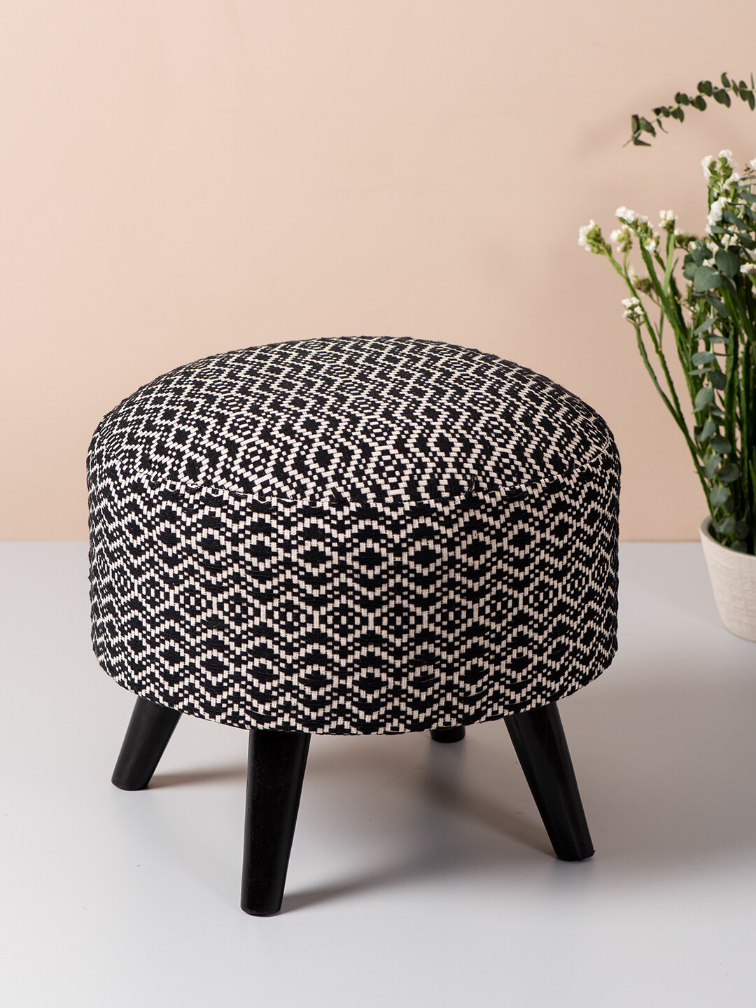 

nestroots Black Round Shape Wooden Sitting Storage Ottoman Organiser