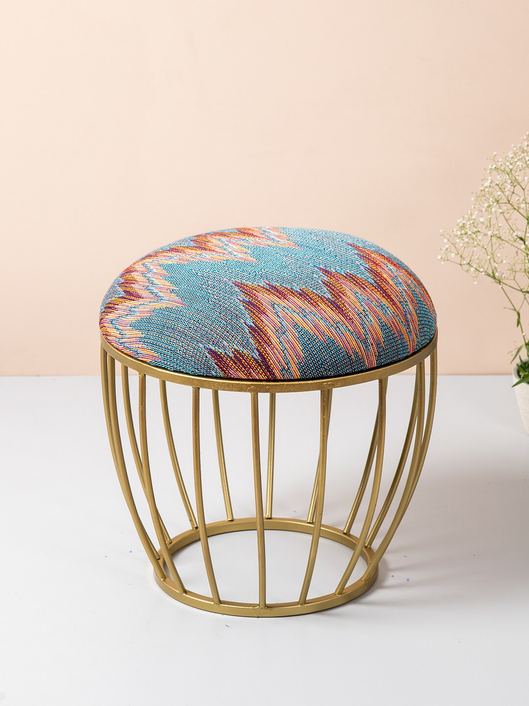 

nestroots Blue & Pink Round Shape Metallic Sitting Storage Ottoman Organiser