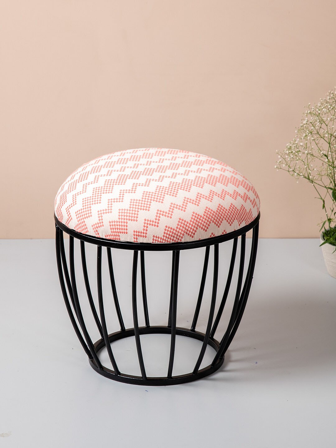 

nestroots Pink & White Round Shape Metallic Sitting Storage Ottoman Organiser