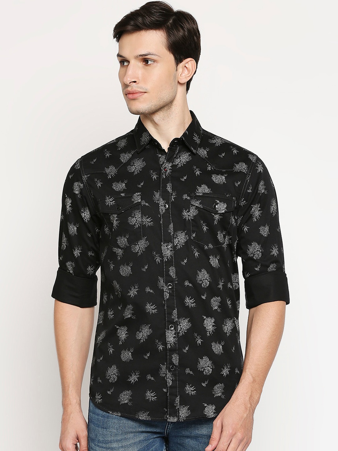 

Mufti Men Black Slim Fit Opaque Printed Pure Cotton Casual Shirt