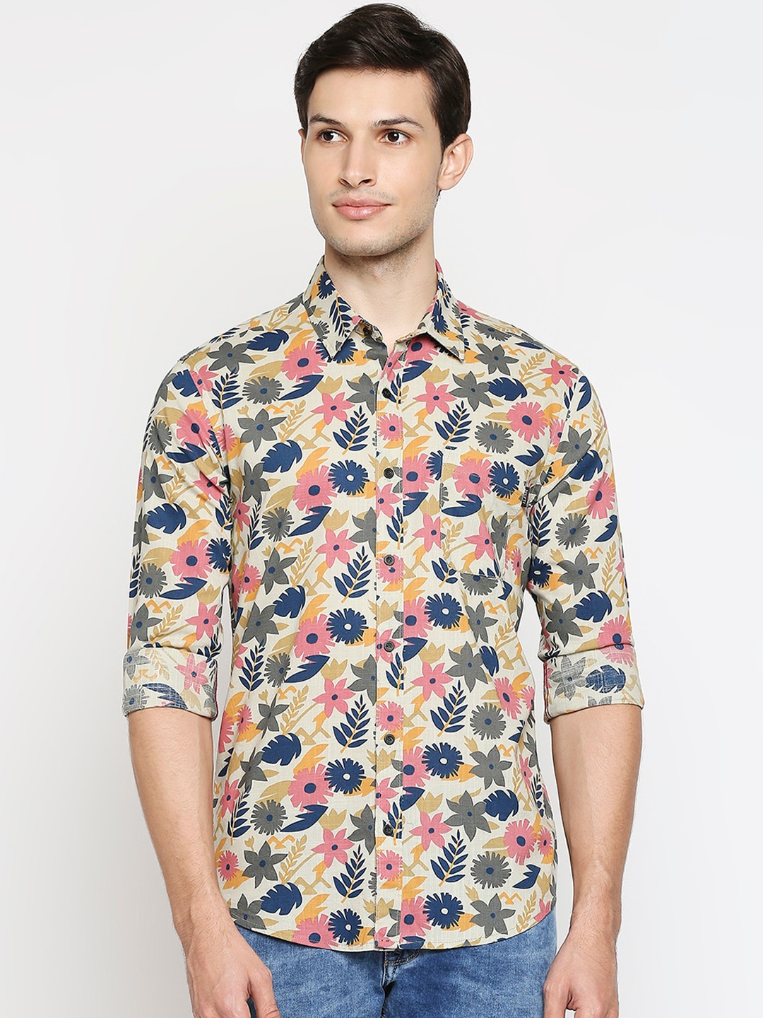 

Mufti Men Beige Slim Fit Floral Opaque Printed Casual Shirt