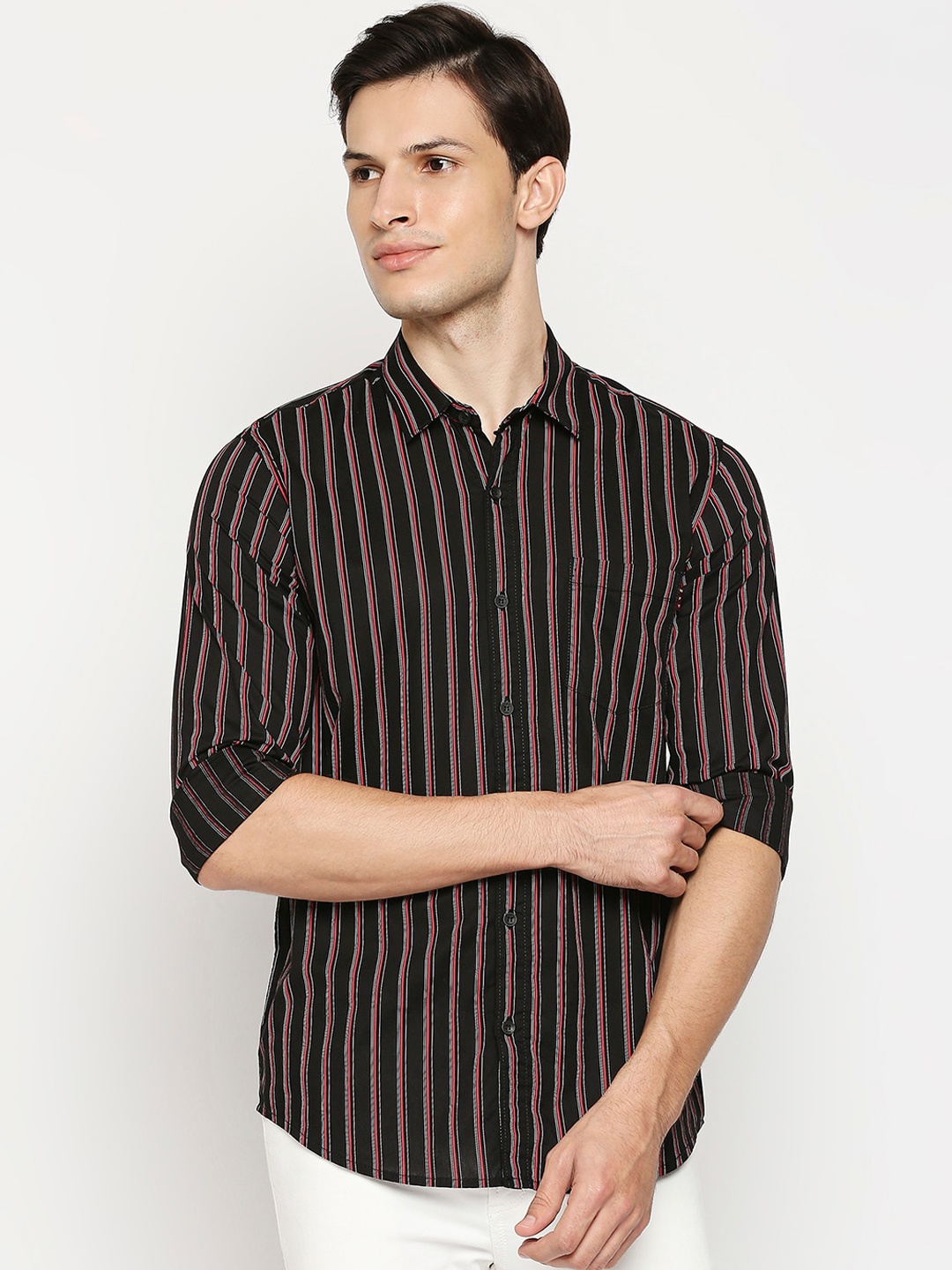 

Mufti Men Black Slim Fit Opaque Striped Pure Cotton Casual Shirt