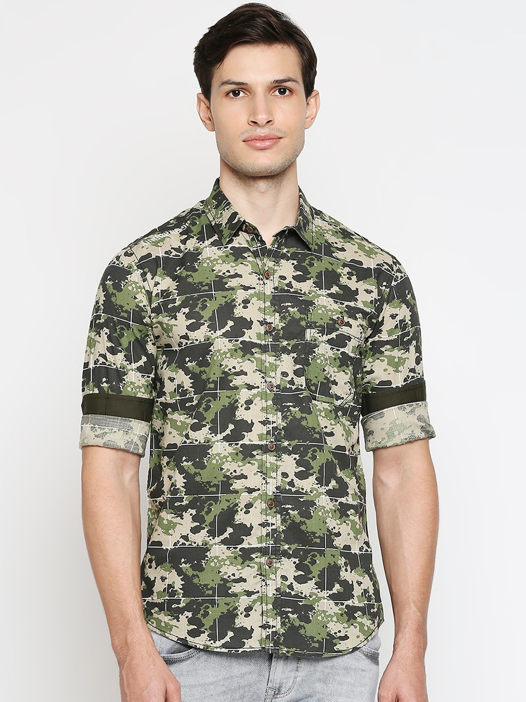 

Mufti Men Olive Green Slim Fit Opaque Printed Casual Shirt
