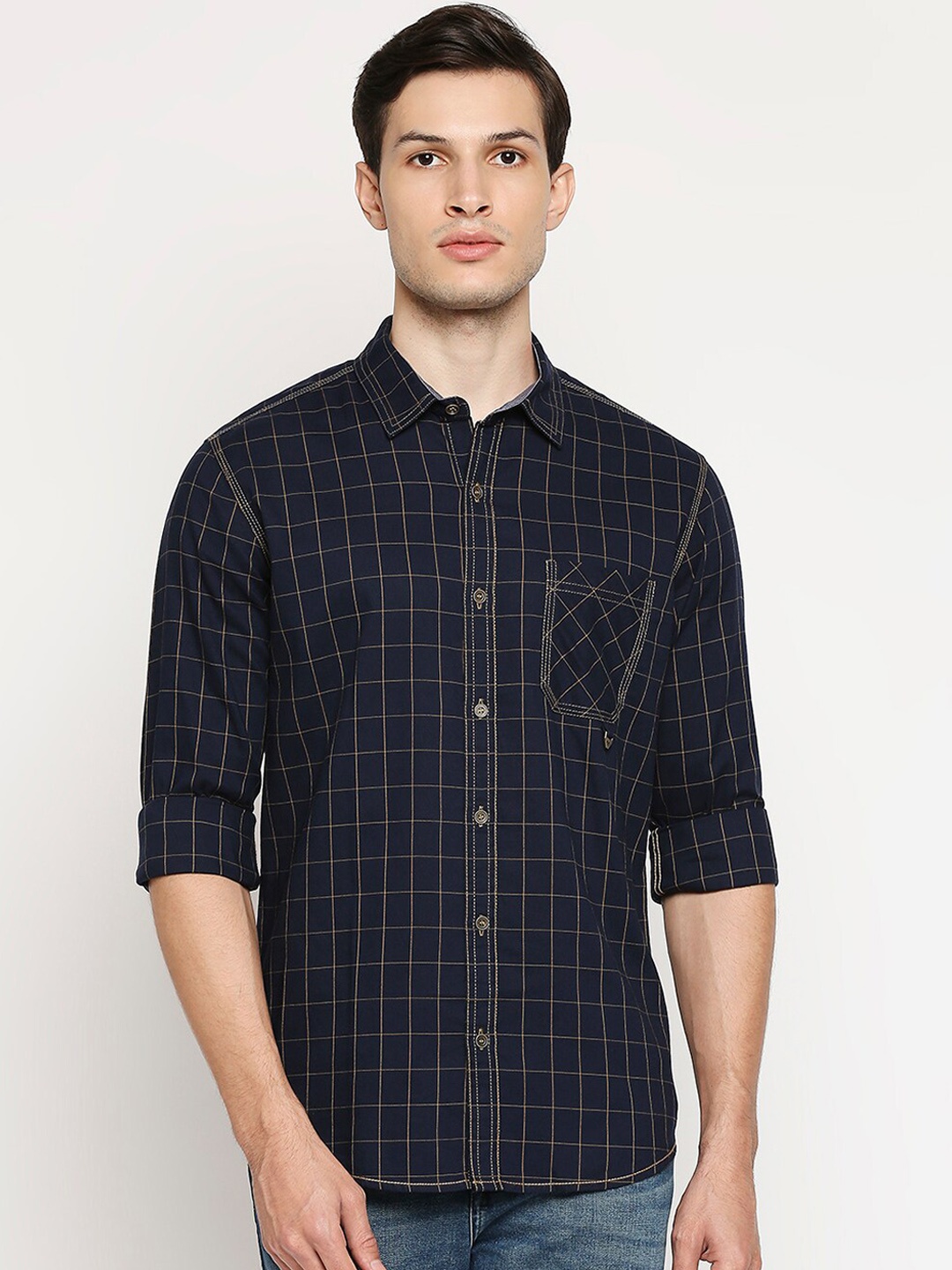 

Mufti Men Navy Blue Slim Fit Opaque Checked Casual Shirt