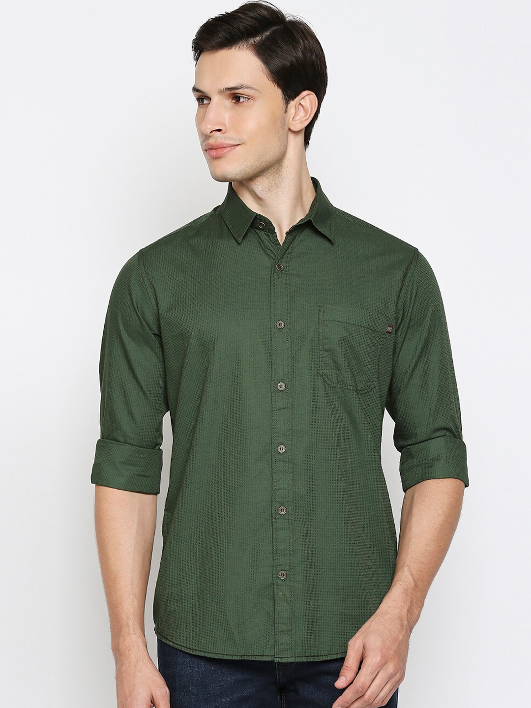 

Mufti Men Olive Green Slim Fit Opaque Self Design Cotton Casual Shirt