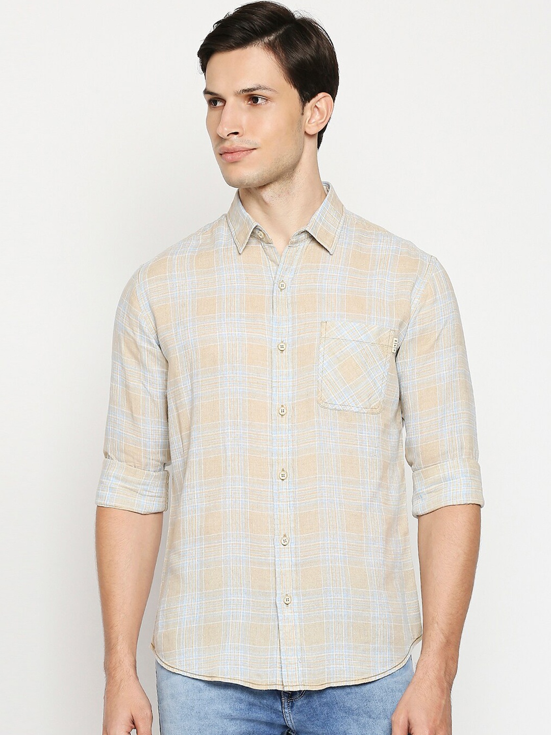 

Mufti Men Beige Slim Fit Opaque Checked Casual Shirt