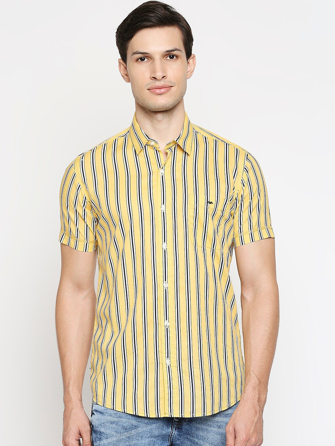 

Mufti Men Yellow & Black Slim Fit Opaque Striped Pure Cotton Casual Shirt