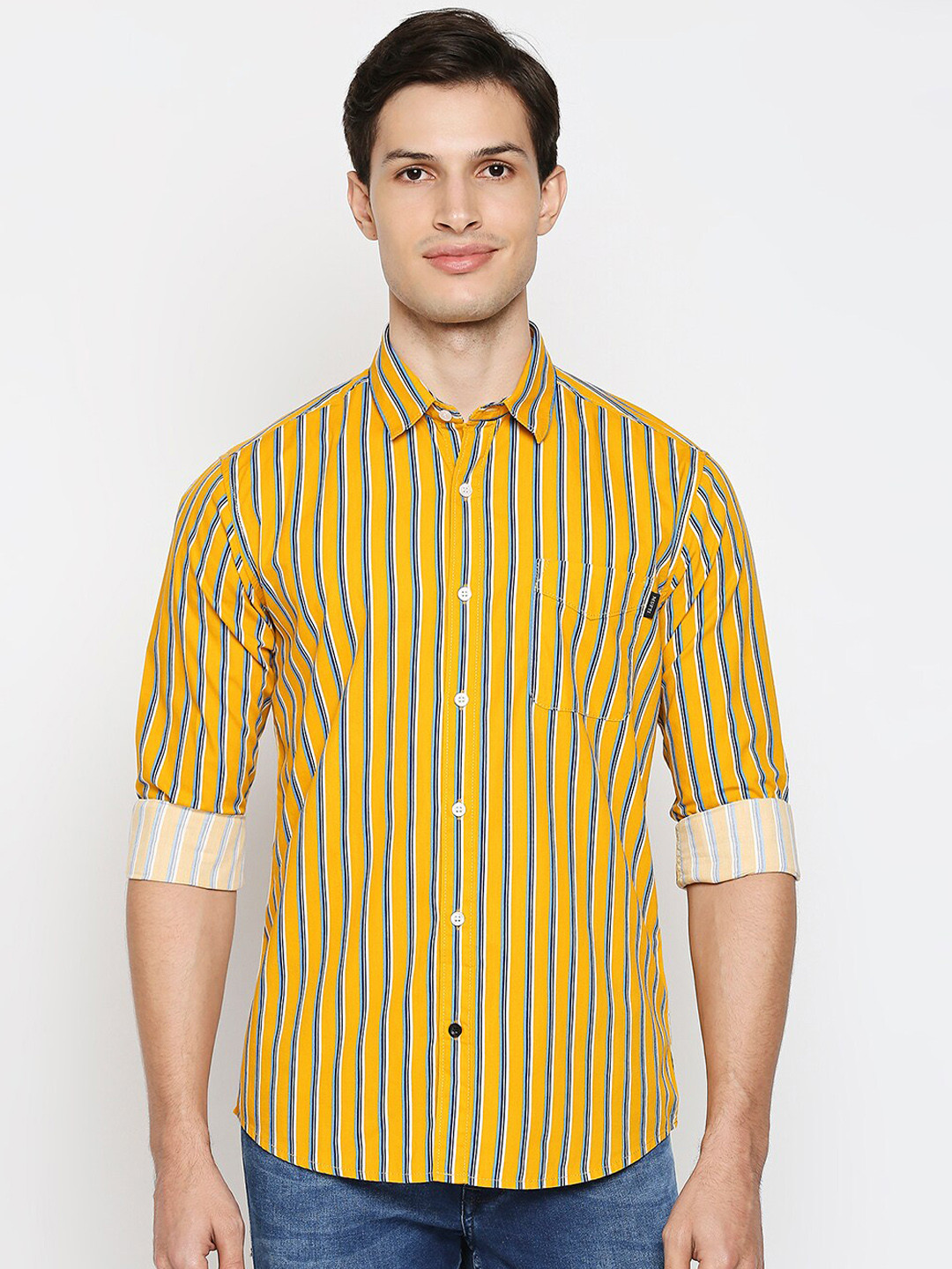 

Mufti Men Yellow Slim Fit Opaque Striped Pure Cotton Casual Shirt