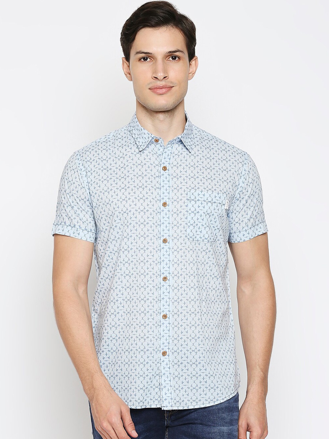 

Mufti Men Blue Slim Fit Opaque Geometric Printed Cotton Casual Shirt