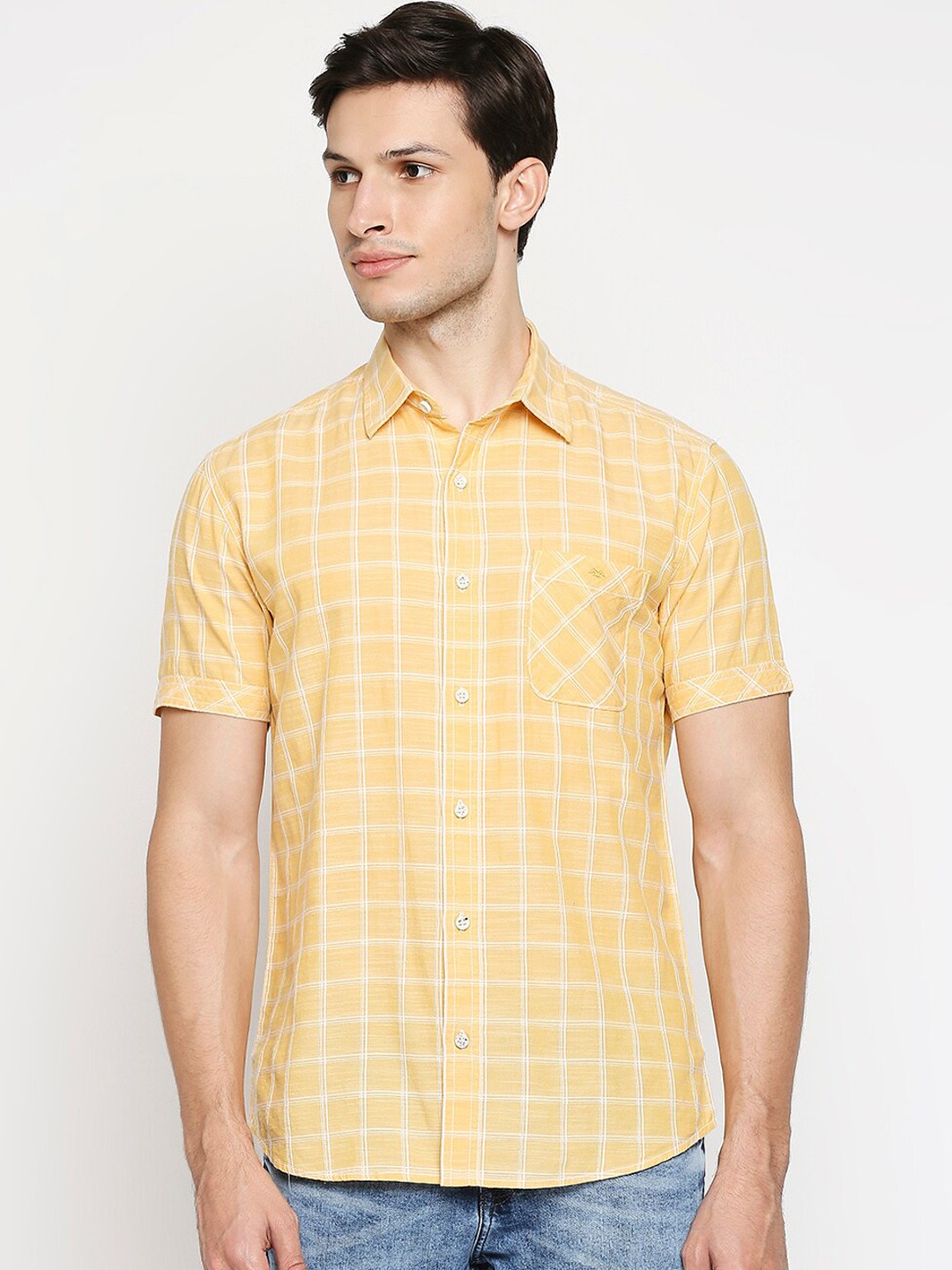 

Mufti Men Yellow Slim Fit Windowpane Checks Opaque Checked Pure Cotton Casual Shirt